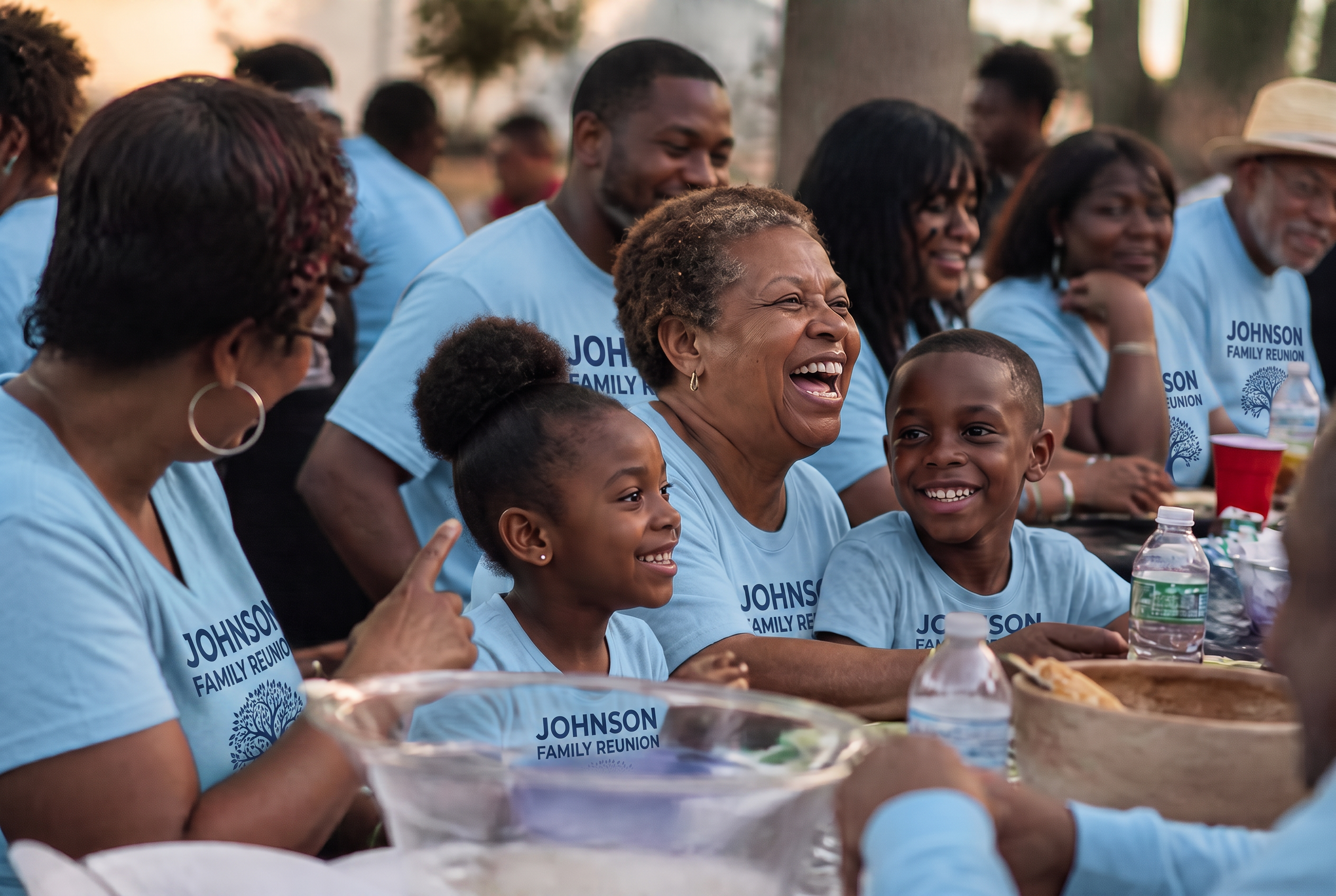 A large multigenerational Black family laughing together at an outdoor reunion dinner, all wearing matching light blue shirts that read JOHNSON FAMILY REUNION with a family tree graphic