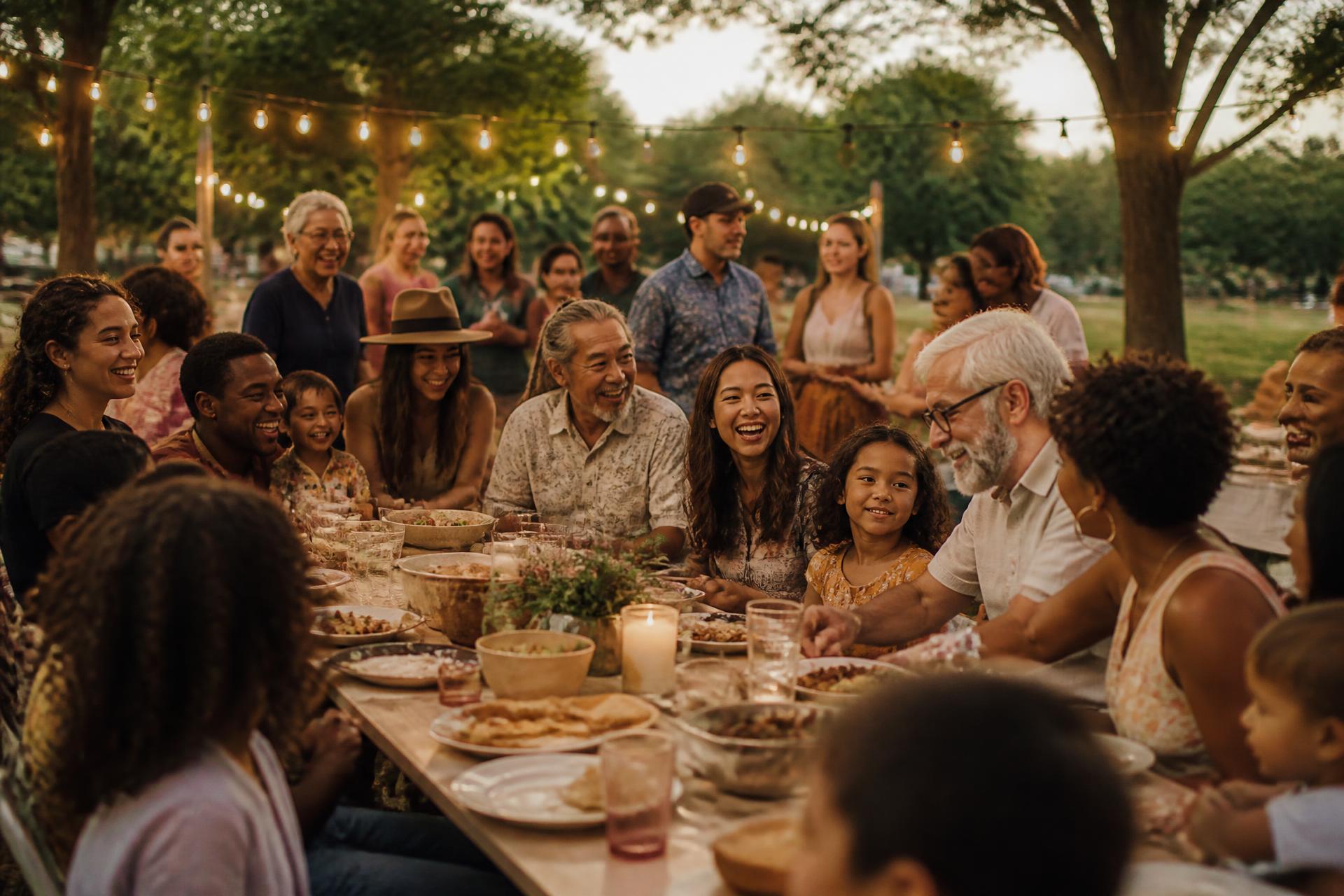 A large multigenerational family of many backgrounds laughing together at an outdoor reunion dinner